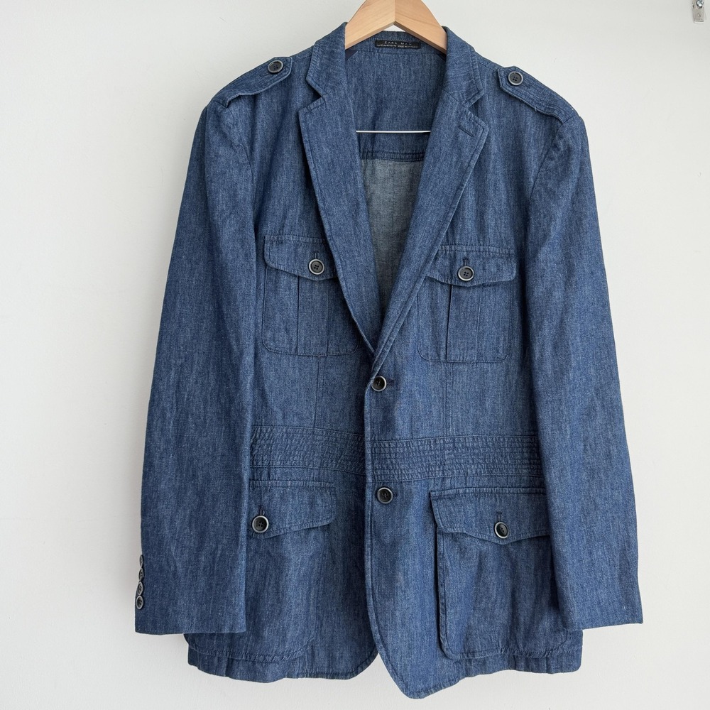 Zara Man Sport Coat Mens 46 Blue Denim Linen Cotton Utility Field Safari Jacket
